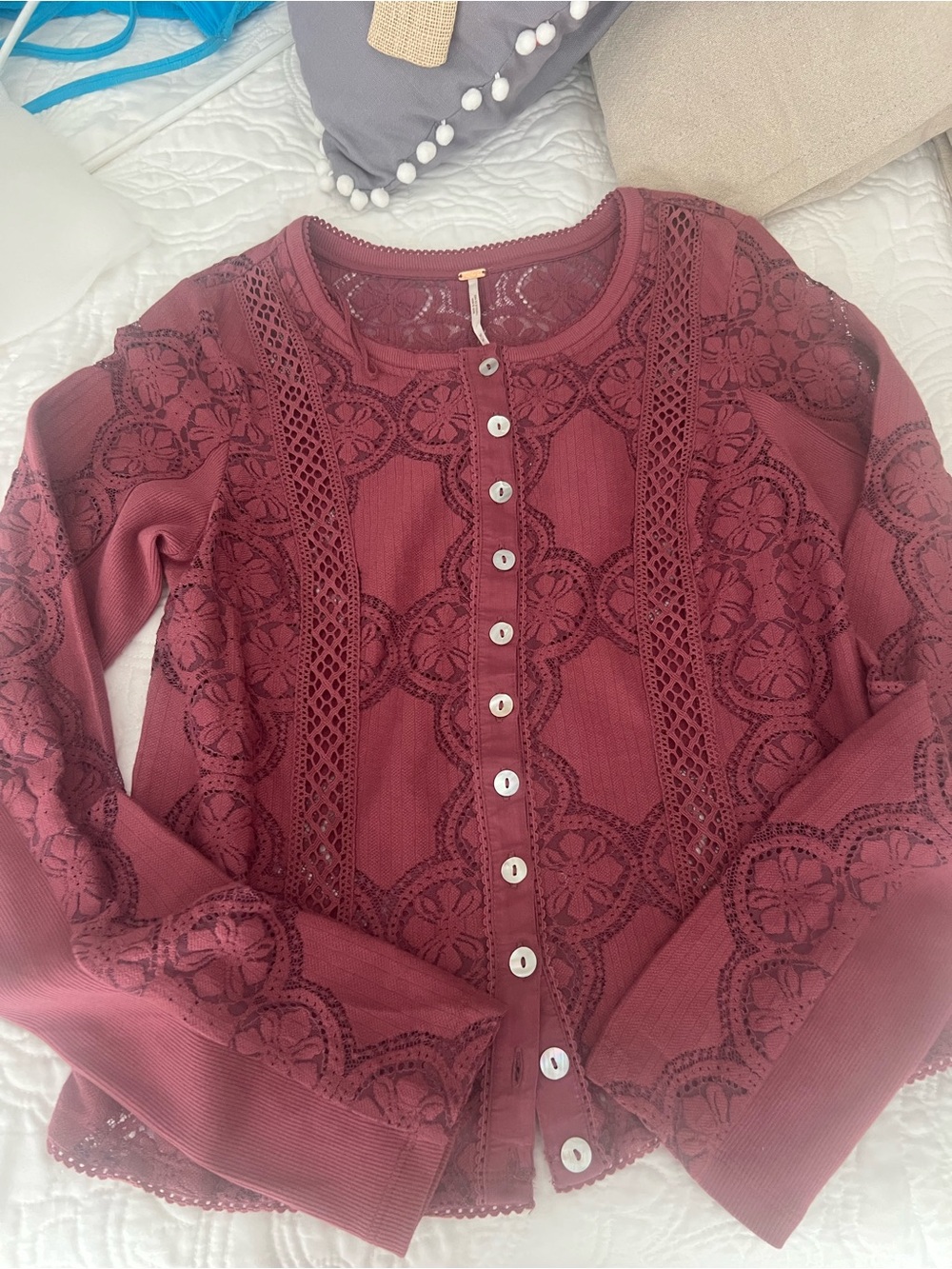 Free People Burgundy Lace-Trim Button Front Size M.